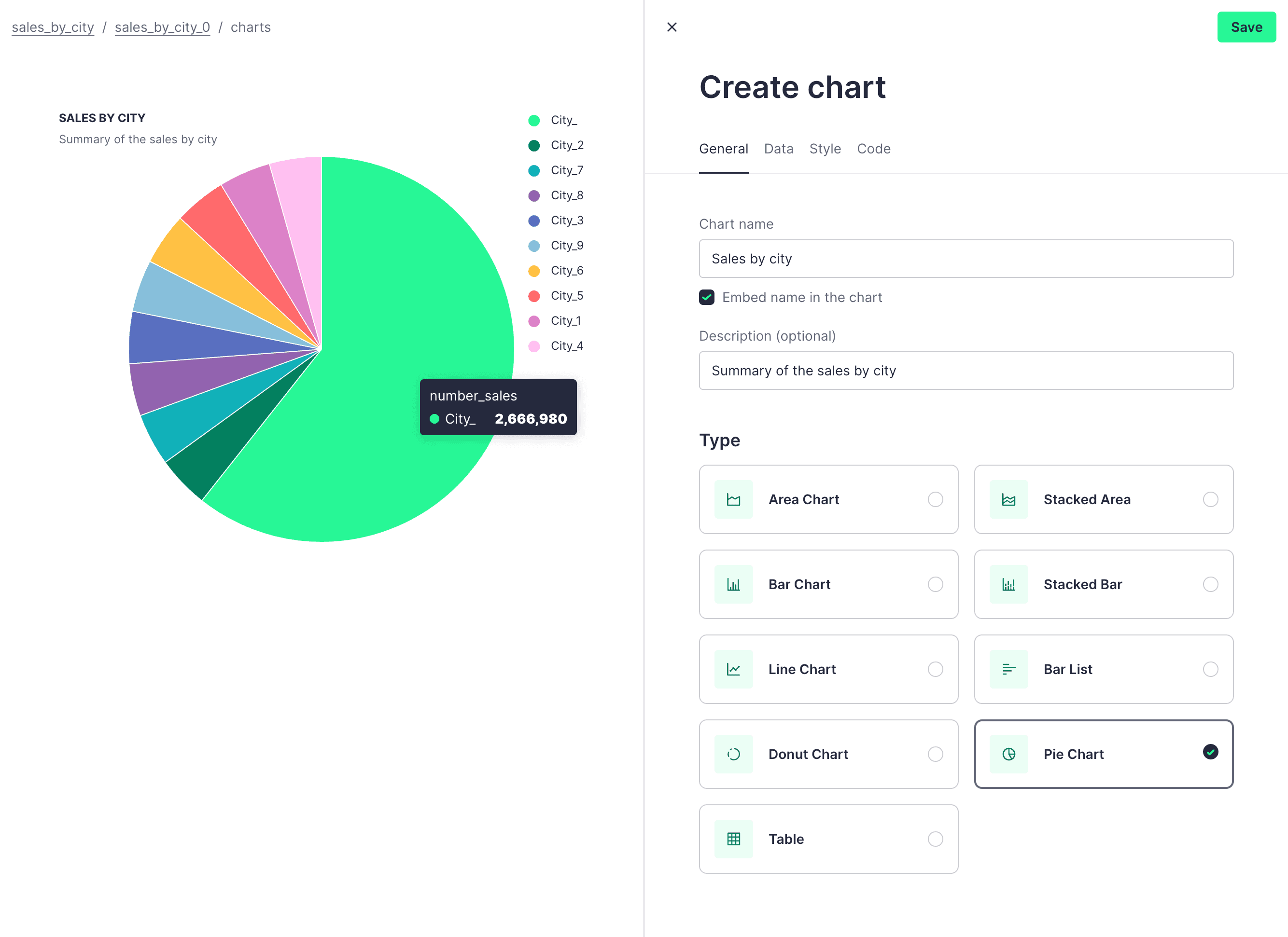Example Tinybird pie chart, showing configuration options